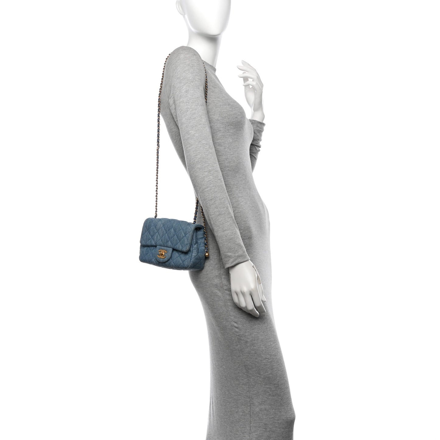 Denim Quilted Mini Pearl Crush Flap Blue