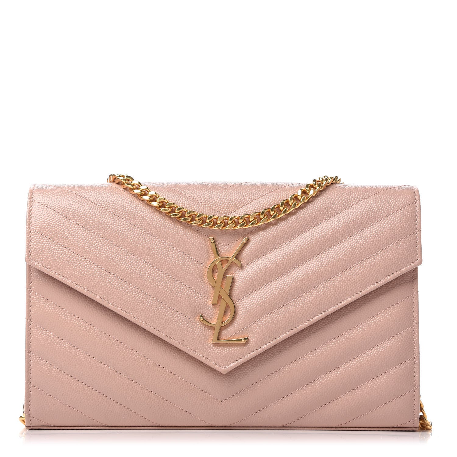Saint Laurent Grain De Poudre Matelasse Chevron Monogram Chain Wallet Pale Pink 1 of 11