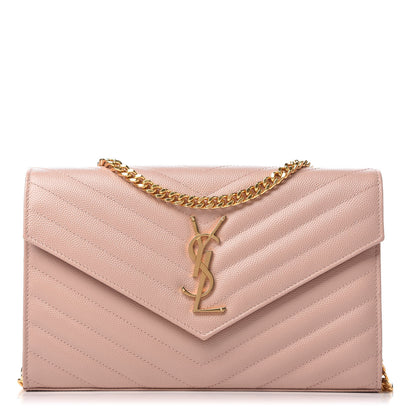 Saint Laurent Grain De Poudre Matelasse Chevron Monogram Chain Wallet Pale Pink 1 of 11