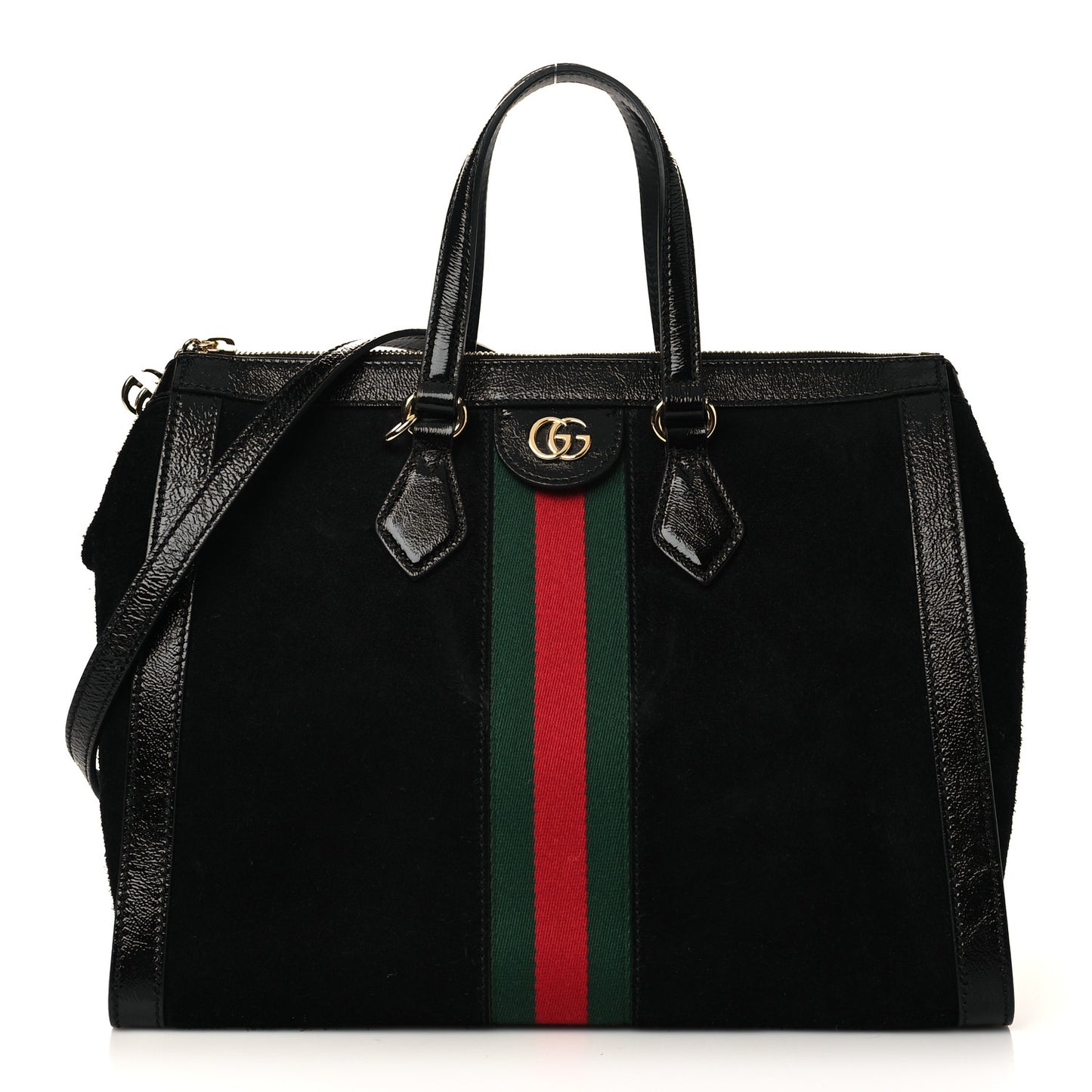 Suede Patent GG Web Medium Ophidia Tote Bag Black