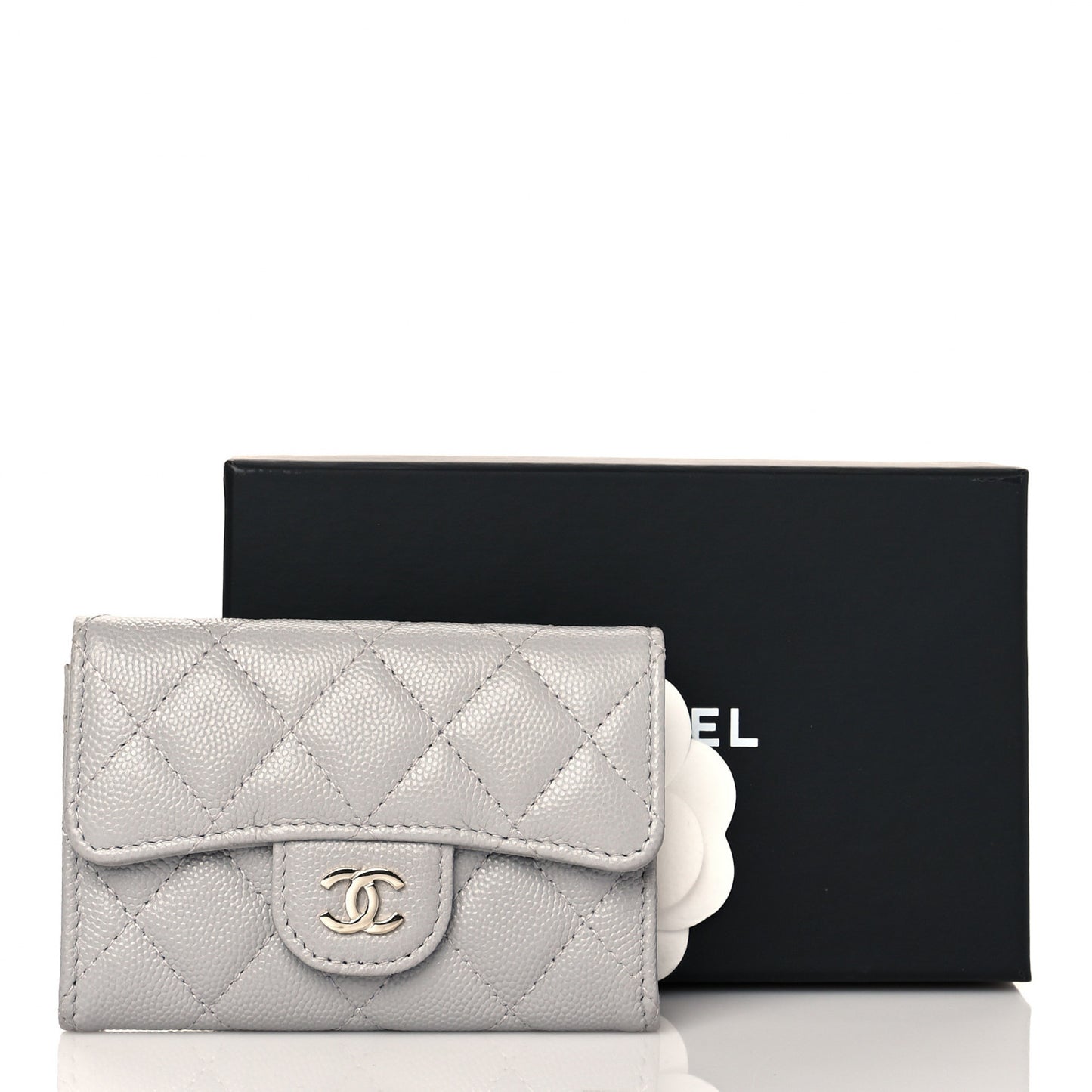 Caviar Quilted Flap Card Holder Wallet Grey
