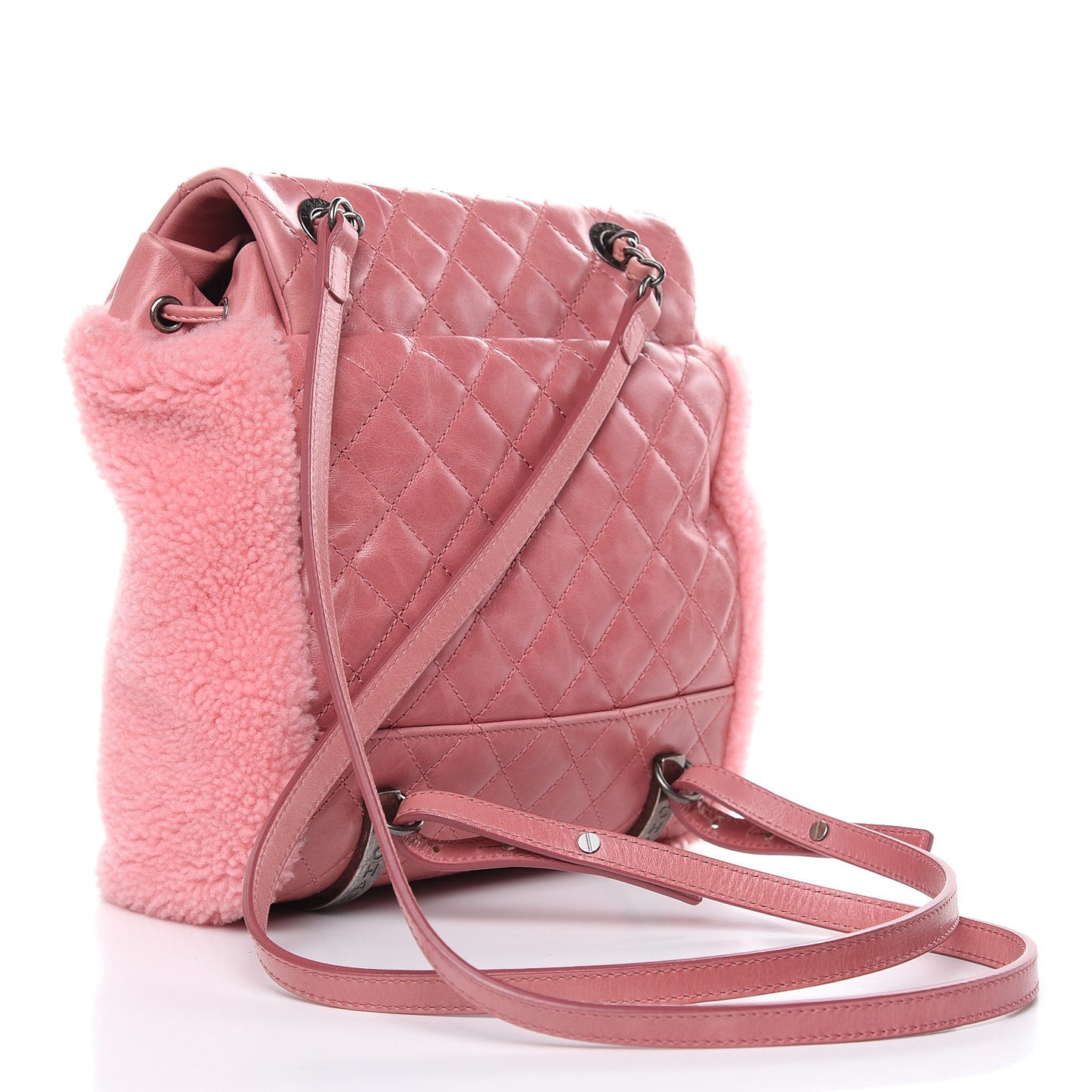 Glazed Calfskin Shearling Quilted Small Mountain Backpack Pink