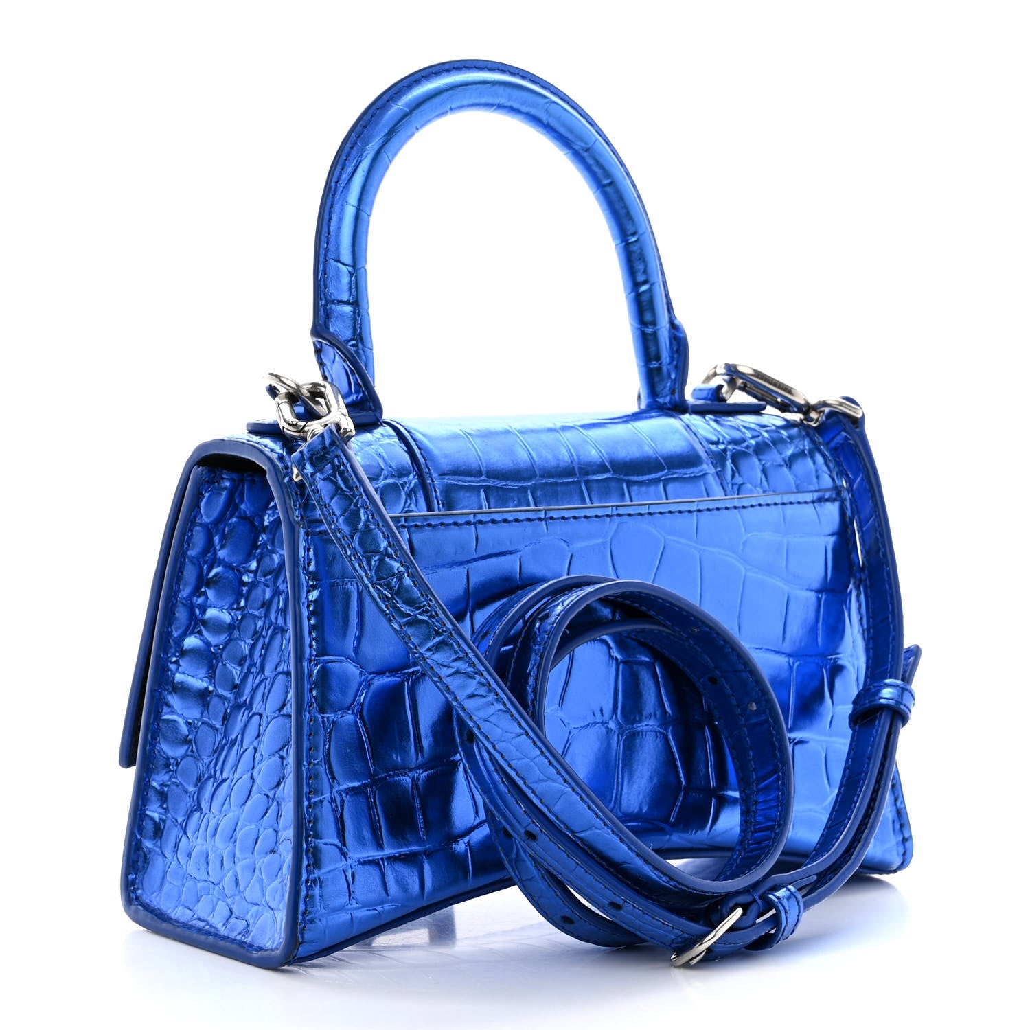Balenciaga Metallic Shiny Calfskin Crocodile Embossed Hourglass Top Handle Bag XS Royal Blue 3 of 13