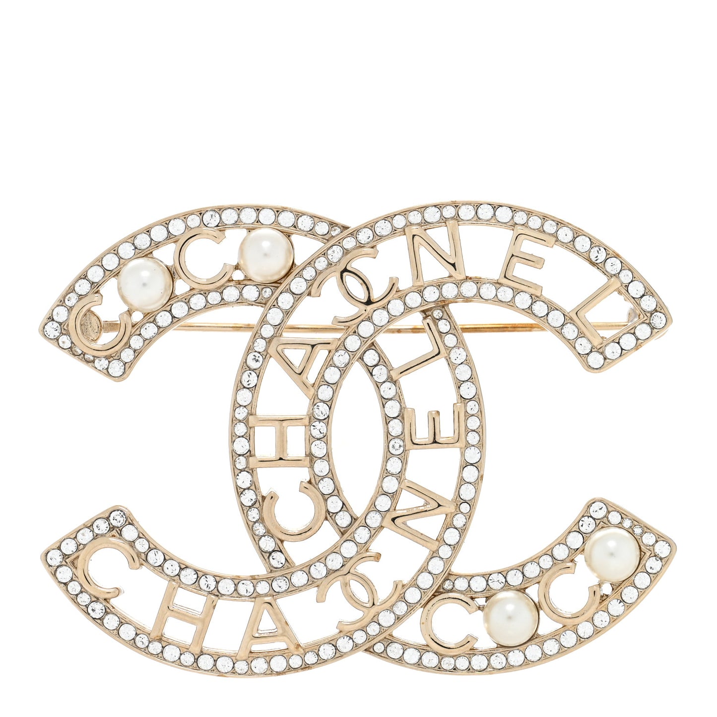 Crystal Pearl Coco CC Logo Brooch Gold