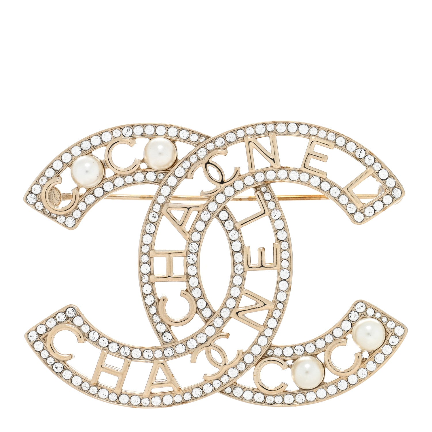 Chanel Crystal Pearl Coco CC Logo Brooch Gold 1 of 3