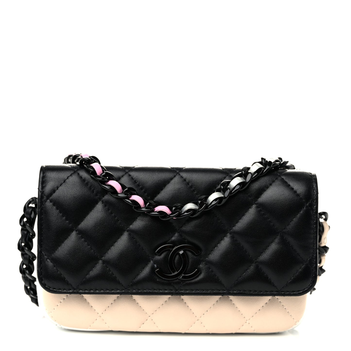 Lambskin Quilted Flap Phone Holder With Chain  Black Beige Multicolor