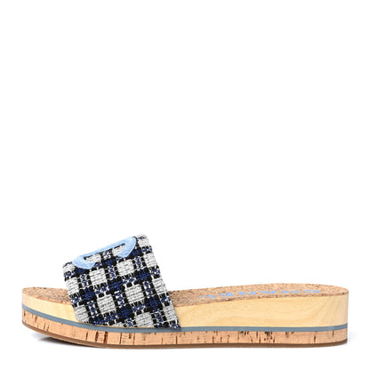 Chanel Tweed Mixed Fibers Cork CC Mule Sandal 41 Navy Blue White Blue 1 of 8