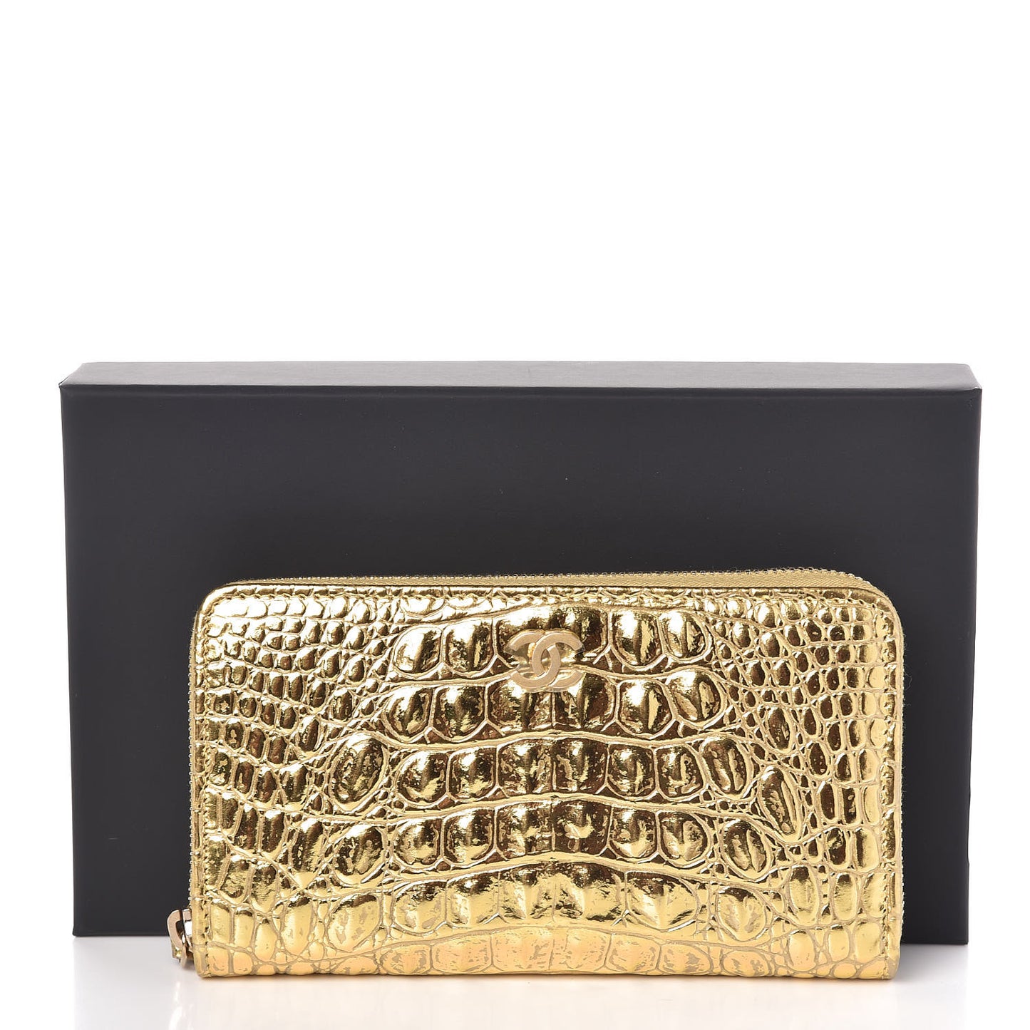 Metallic Calfskin Crocodile Embossed Small Zip Wallet Gold