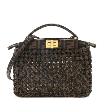 Fendi Fabric Jacquard FF 1974 Woven Knotted Mini Peekaboo Iconic Satchel Tobacco Moro 1 of 9