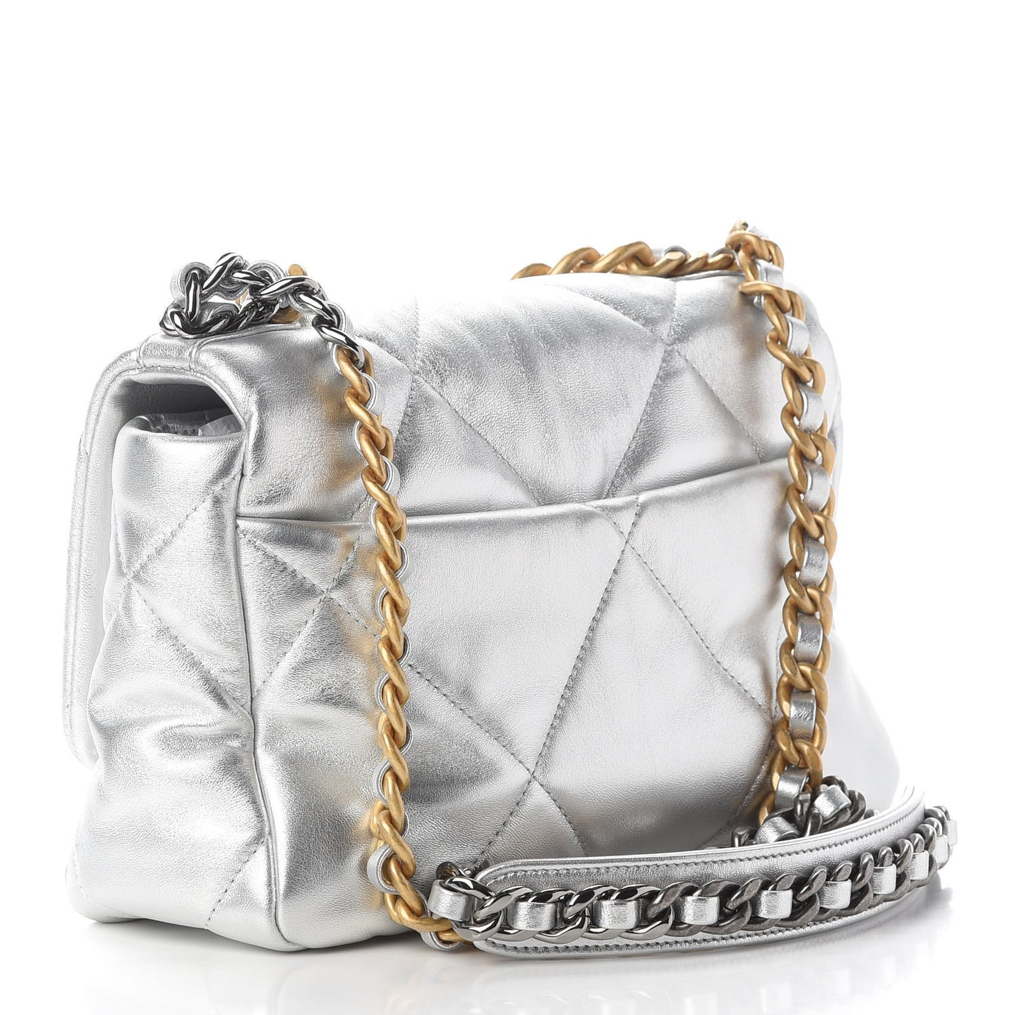 Metallic Lambskin Quilted Medium Chanel 19 Flap Silver