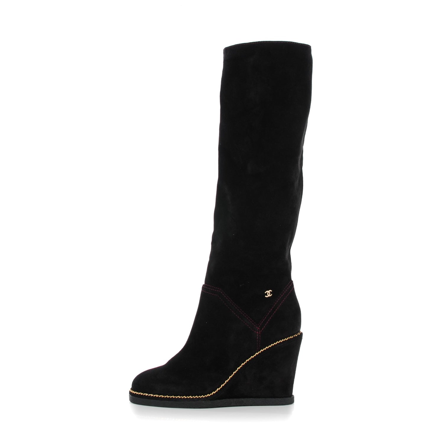 Suede Calfskin Chain Around High Boots 37 Black