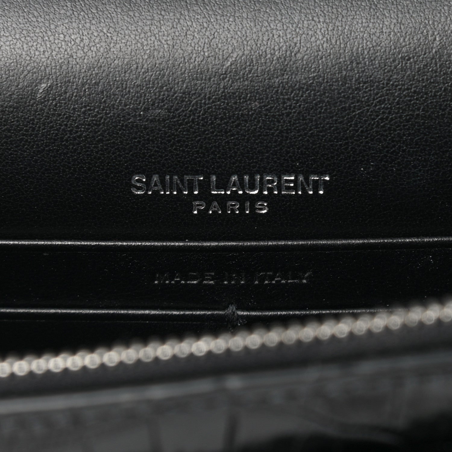 Saint Laurent Calfskin Crocodile Embossed Monogram Sunset Top Handle Chain Wallet Black 6 of 9
