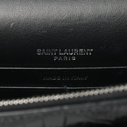 Saint Laurent Calfskin Crocodile Embossed Monogram Sunset Top Handle Chain Wallet Black 6 of 9