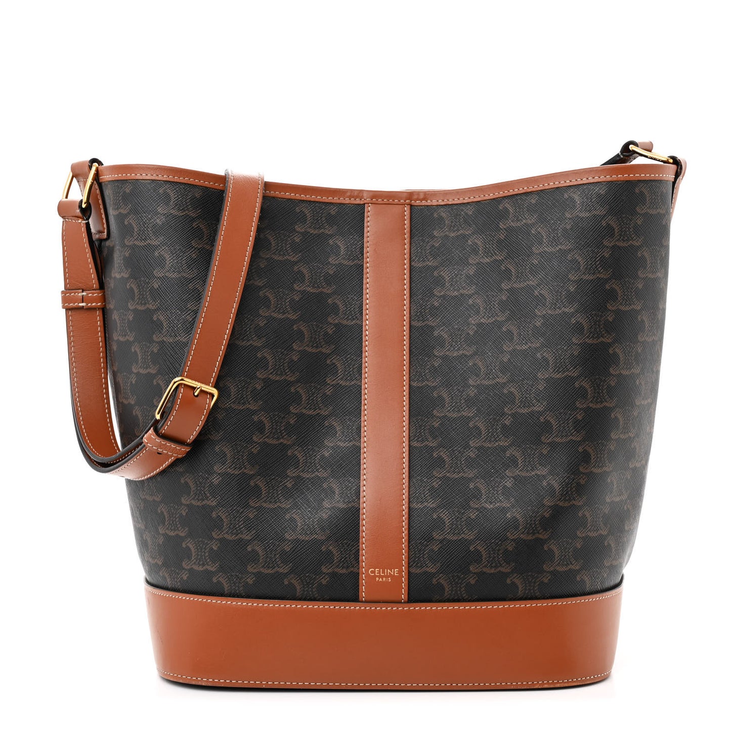 Triomphe Canvas Calfskin Medium Bucket Bag Tan