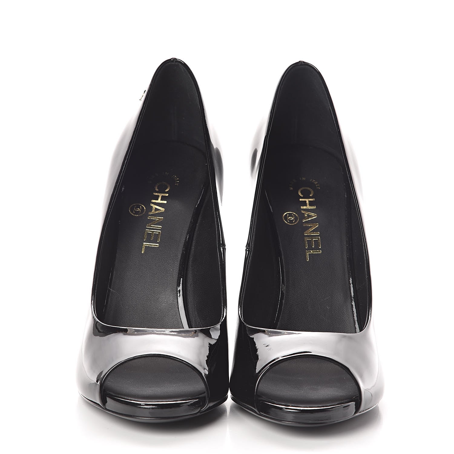 Chanel Patent Pearl Embellished Heel Peep Toe CC Pumps 41 Black 2 of 8