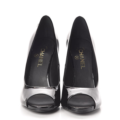 Chanel Patent Pearl Embellished Heel Peep Toe CC Pumps 41 Black 2 of 8
