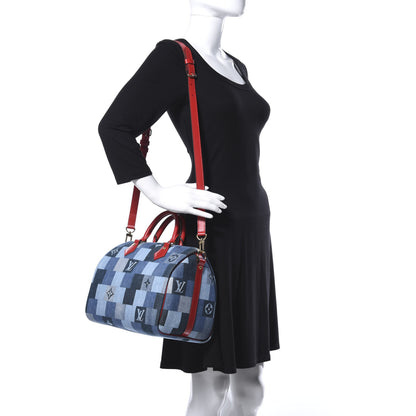 Louis Vuitton Denim Damier Monogram Patchwork Speedy Bandouliere 30 Blue Rouge 5 of 25