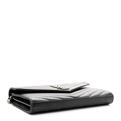 Saint Laurent Grain De Poudre Matelasse Chevron Monogram Chain Wallet Black 4 of 15