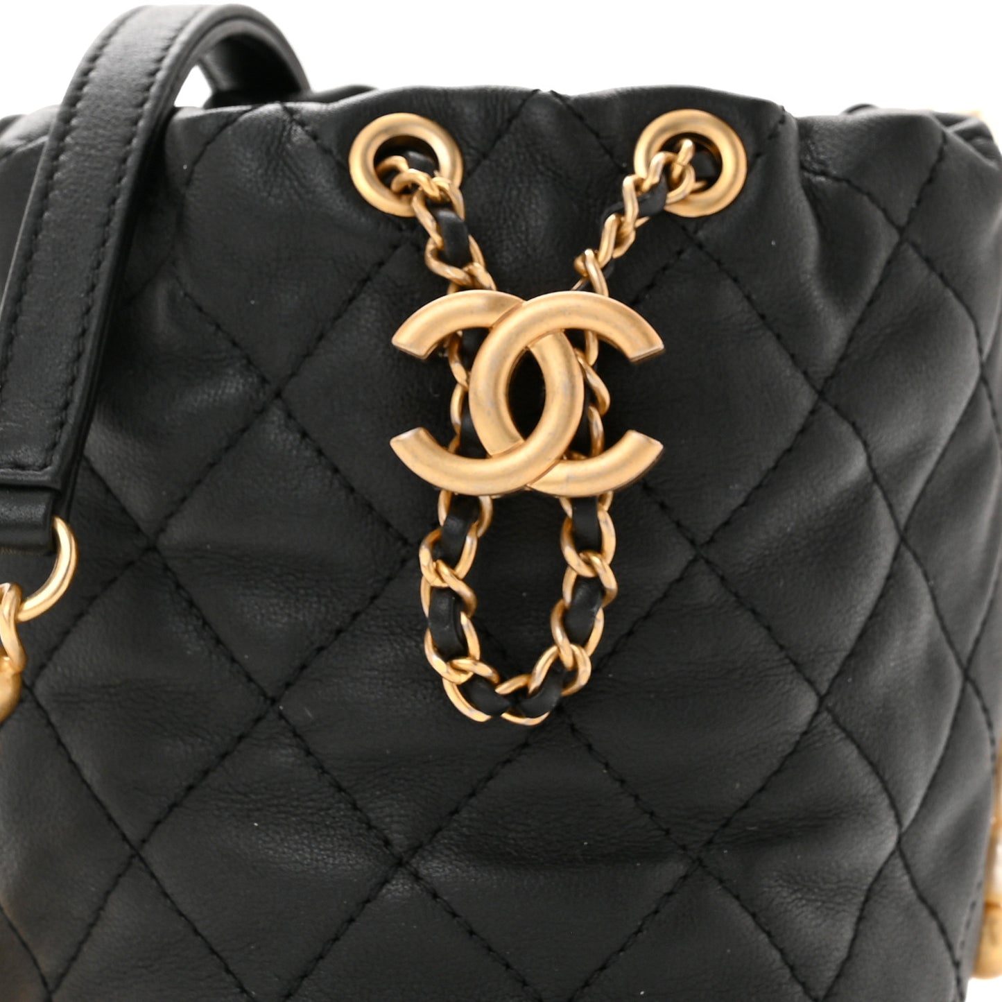 Calfskin Quilted Pearl Mini About Pearls Drawstring Bucket Bag Black