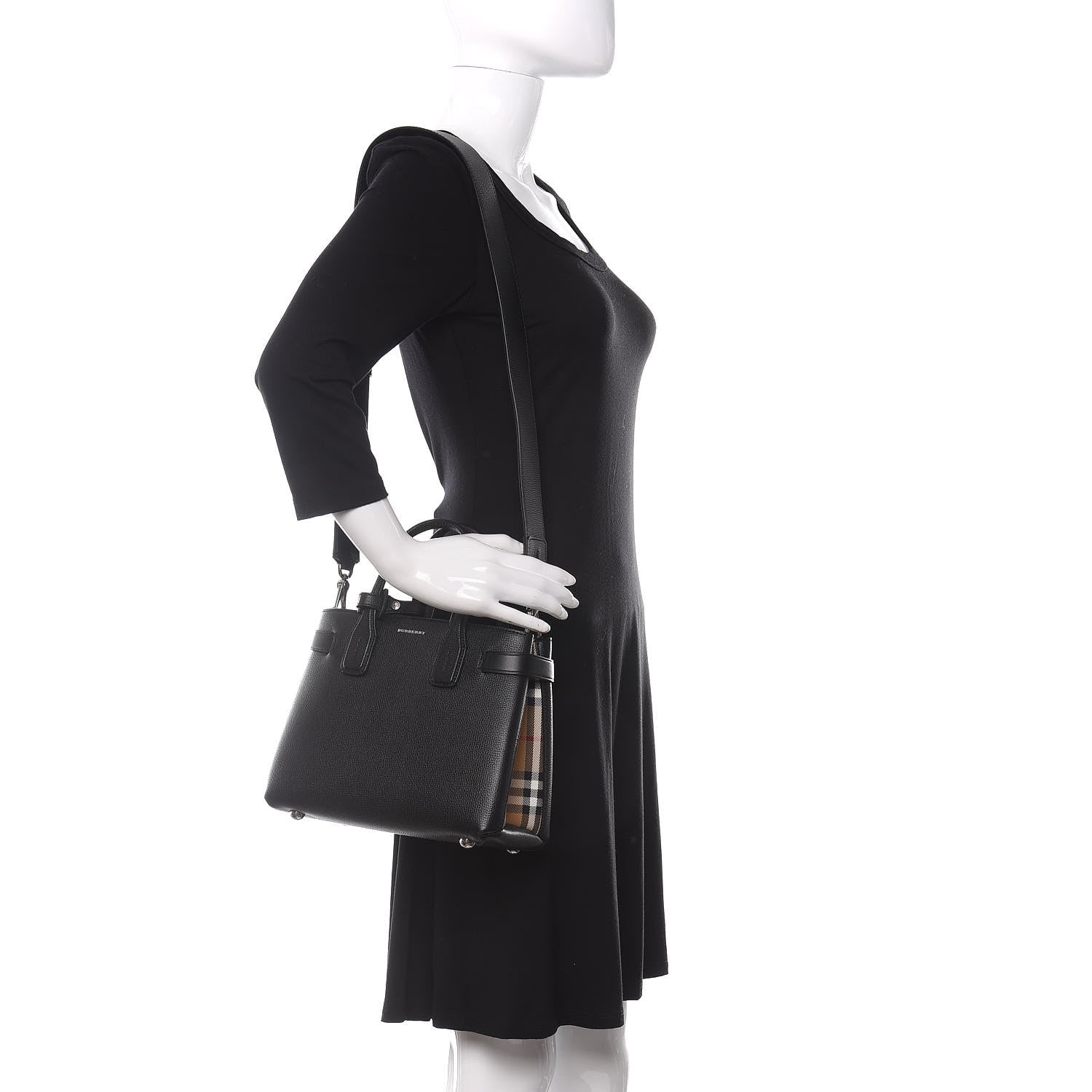 Burberry Grainy Calfskin House Check Small Banner Tote Black 2 of 9