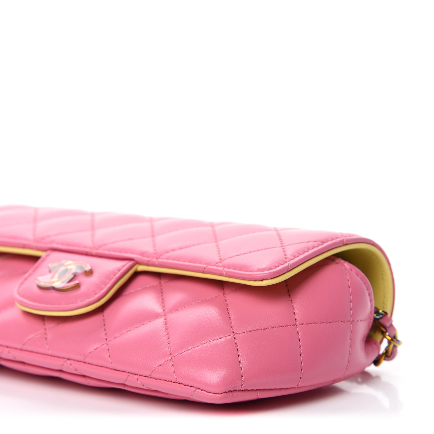 Lambskin Quilted Glasses Case With Chain Pink Yellow