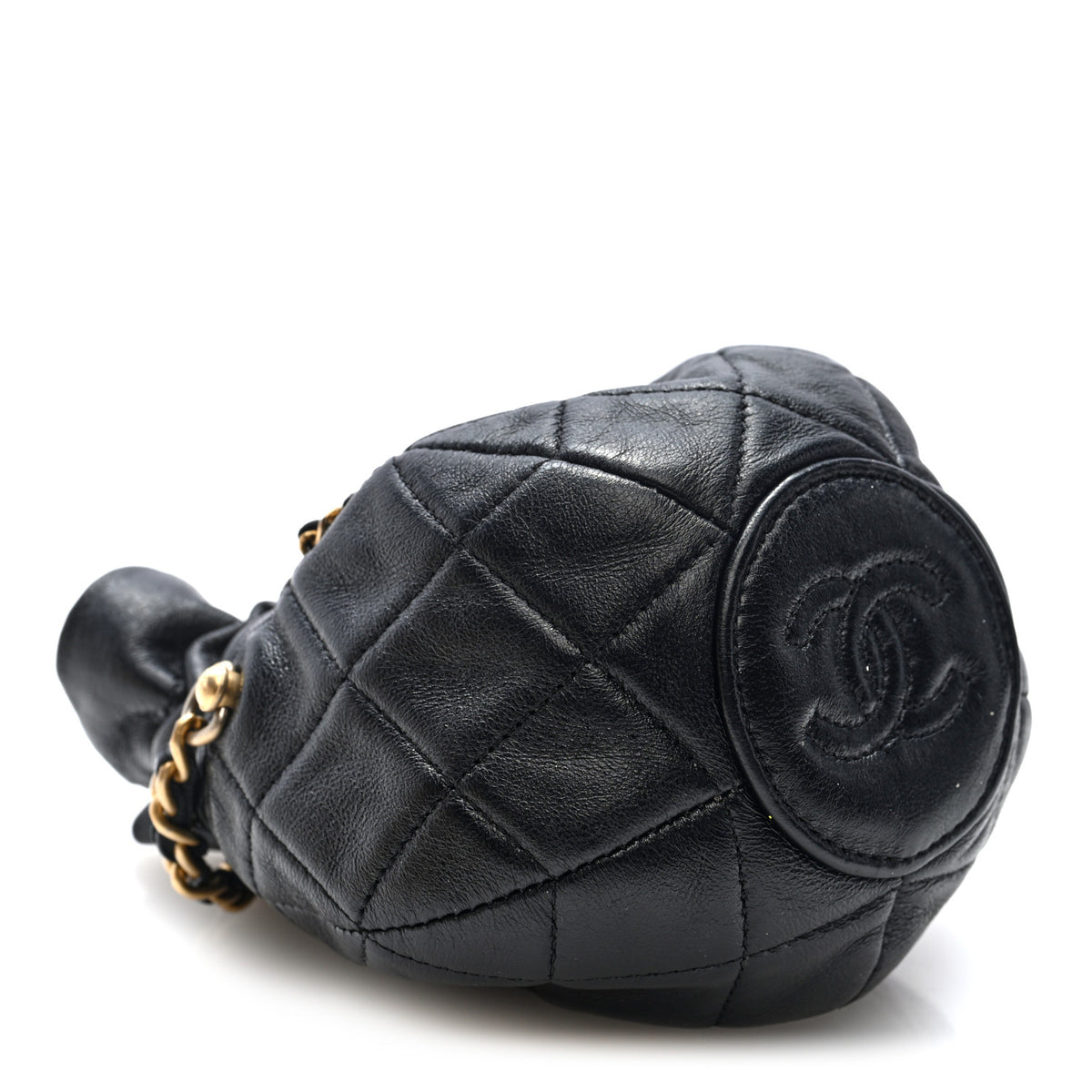 Shiny Lambskin Quilted Mini Drawstring CC Bucket Bag Black