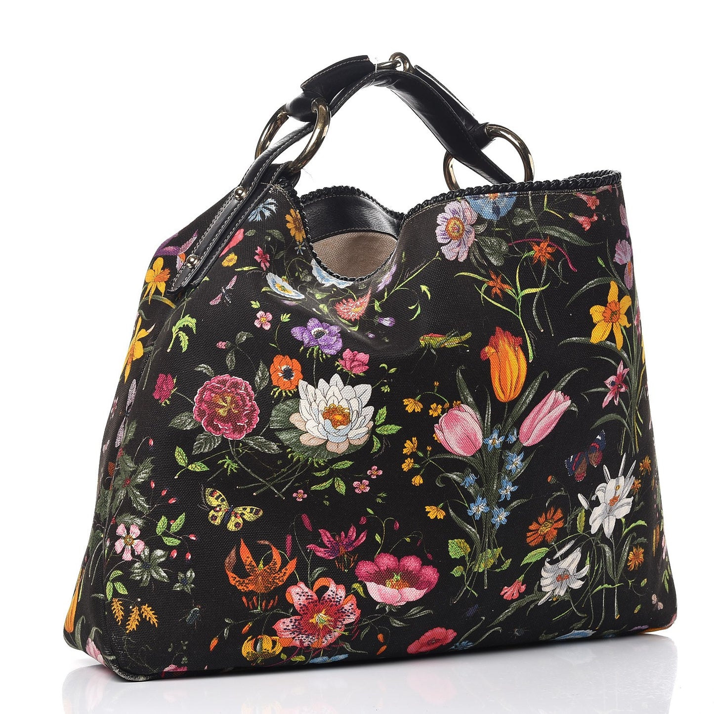 Canvas Flora Floral Large Horsebit Chain Hobo Black