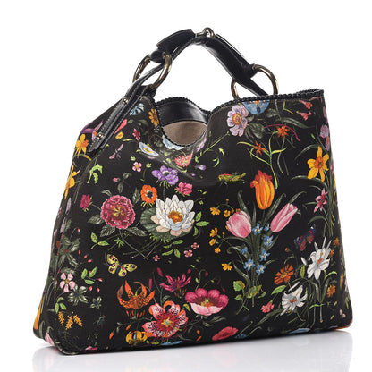 Gucci Canvas Flora Floral Large Horsebit Chain Hobo Black 3 of 13