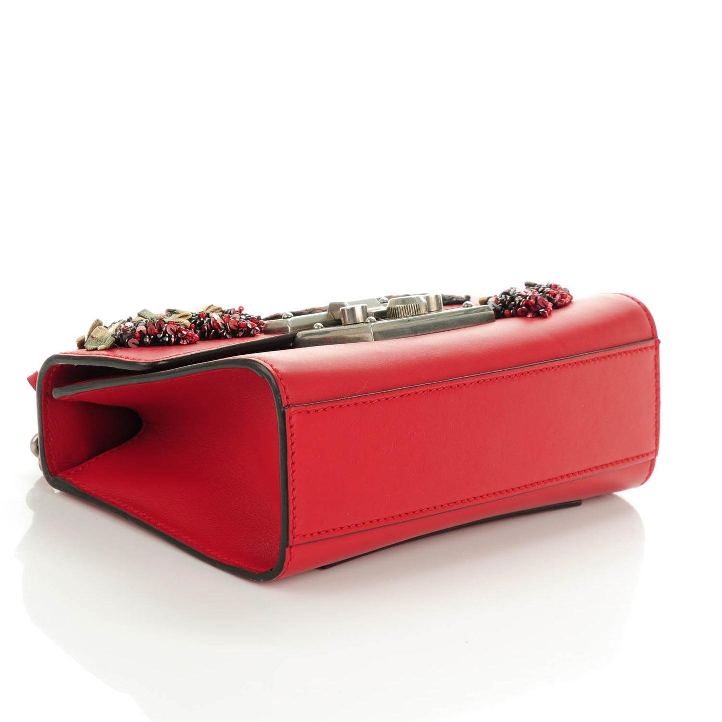 Calfskin Bee Embroidered Small Padlock Shoulder Bag Hibiscus Red