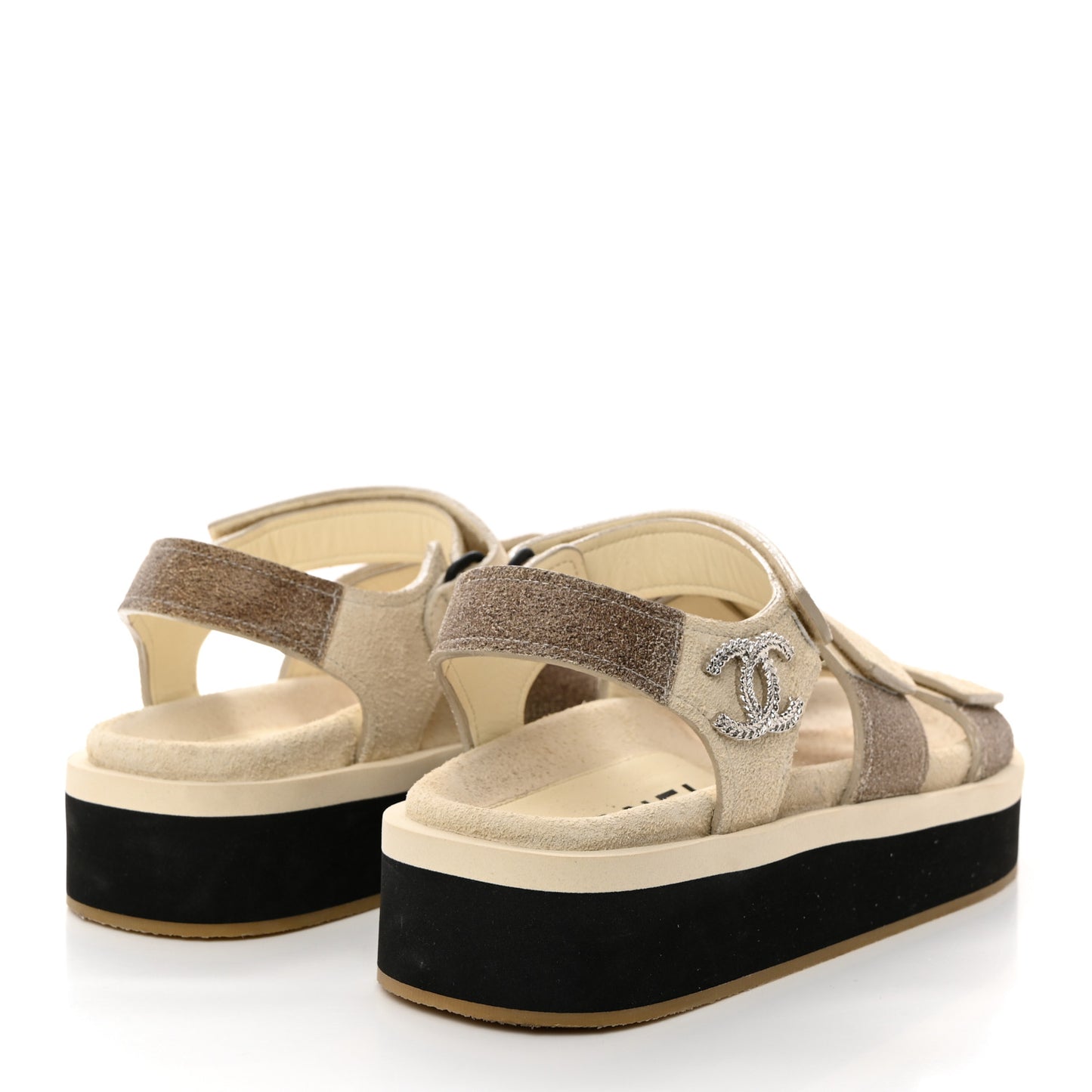 Suede Calfskin Velcro Flat Sandals 35 Ecru Dark Beige