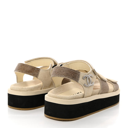 Chanel Suede Calfskin Velcro Flat Sandals 35 Ecru Dark Beige 4 of 9