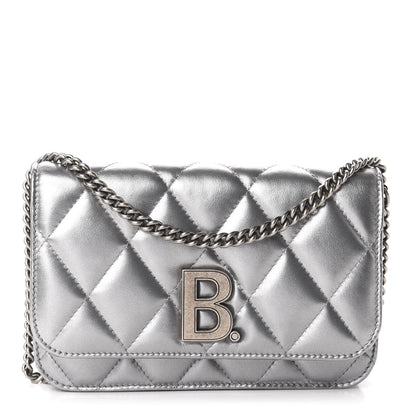 Balenciaga Metallic Calfskin Quilted Touch B Wallet On Chain Silver 1 of 9