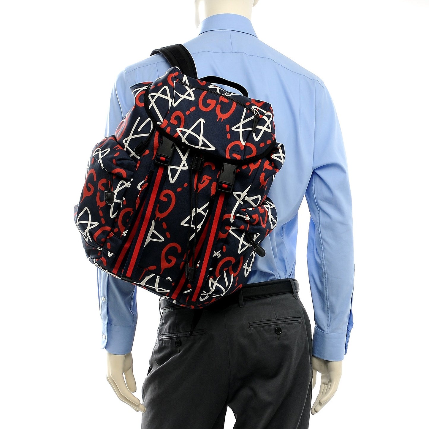 Techno Canvas GucciGhost Double Buckle Backpack Blue Agata Hibiscus Red