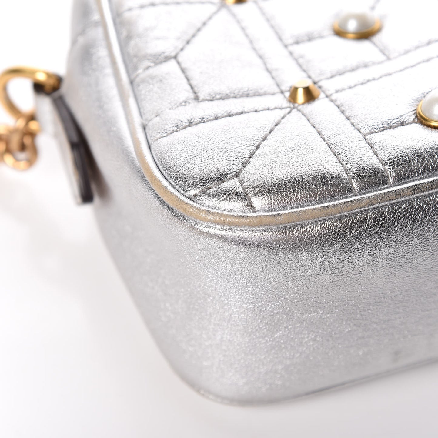 Metallic Calfskin Matelasse Studded Small Pearly GG Marmont Chain Shoulder Bag Silver