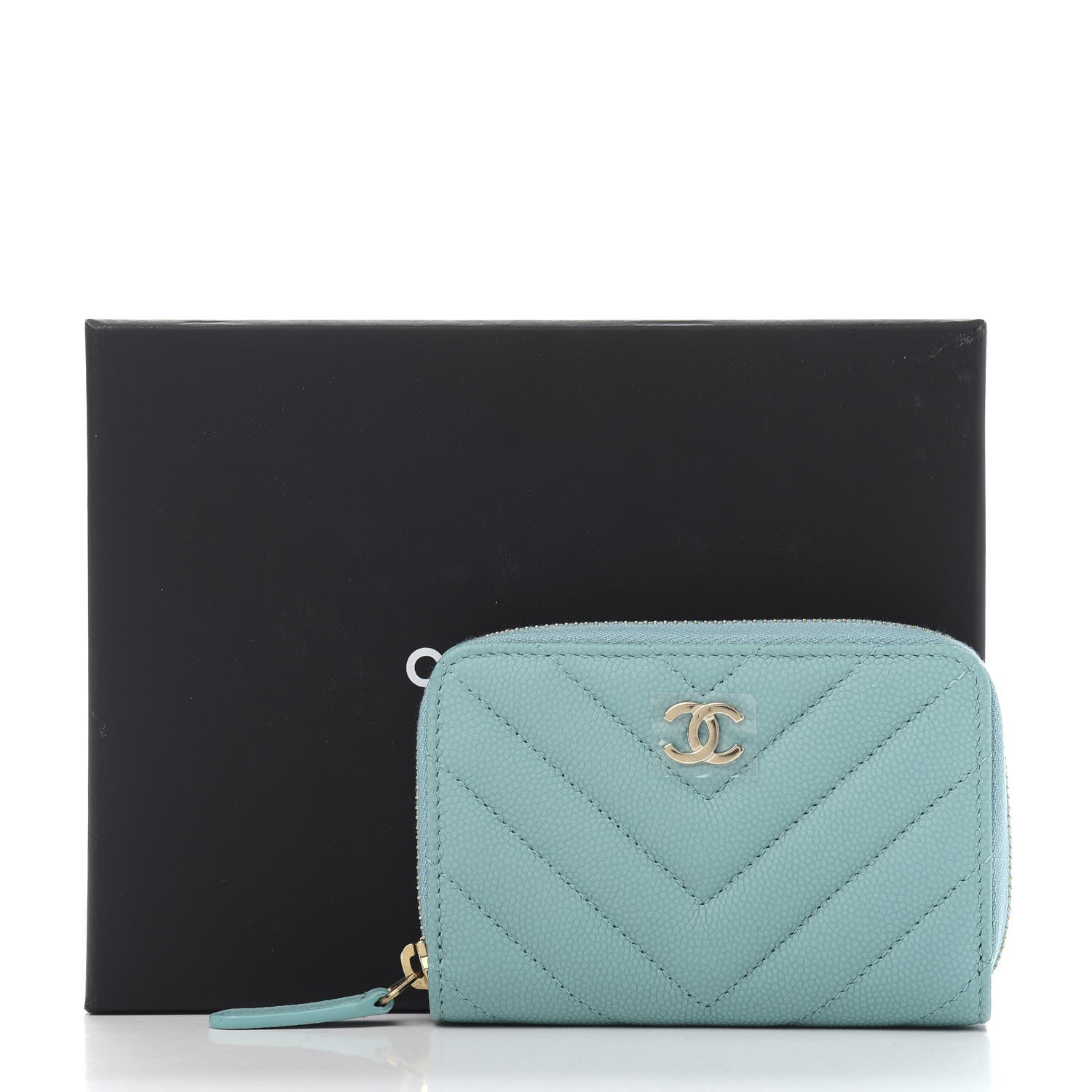 Chanel Caviar Flat Chevron Quilted Zip Coin Purse Green 10 of 10