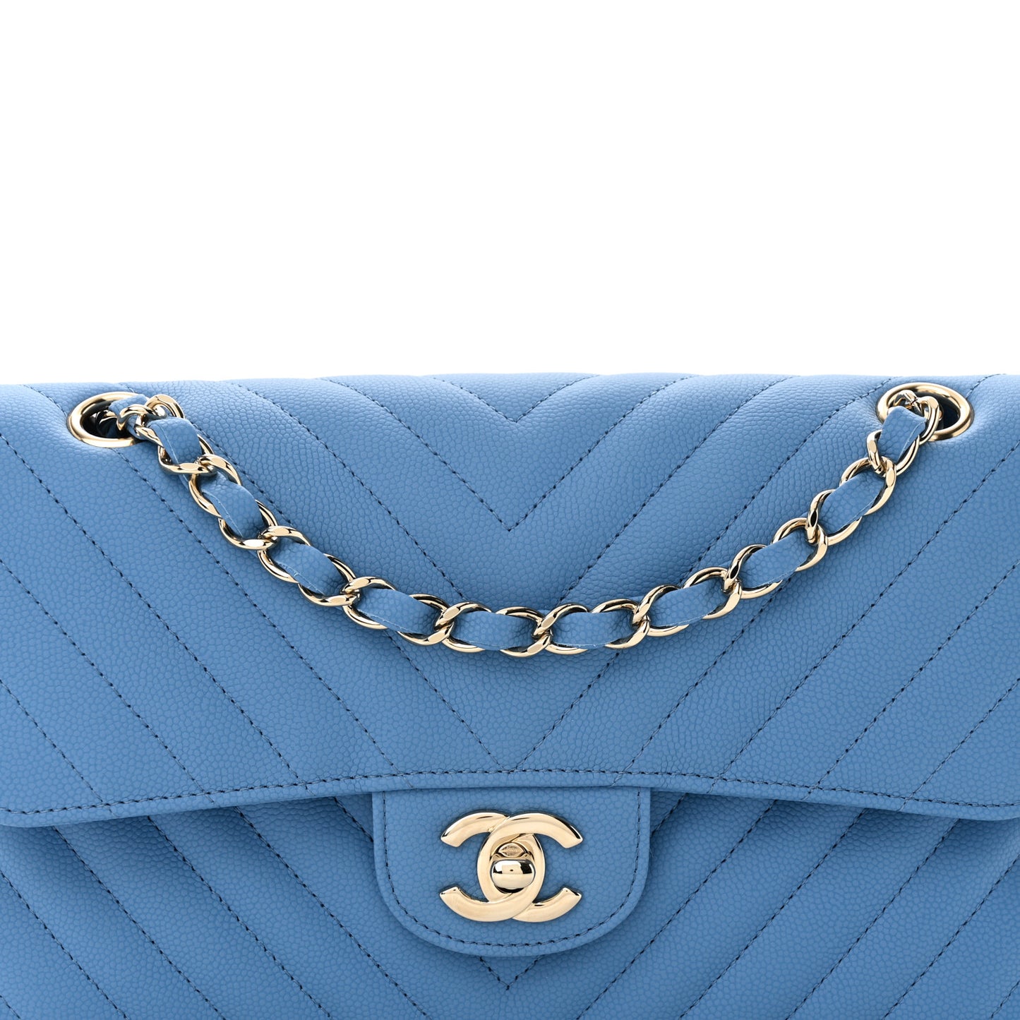 Caviar Flat Chevron Quilted Small Double Flap Blue