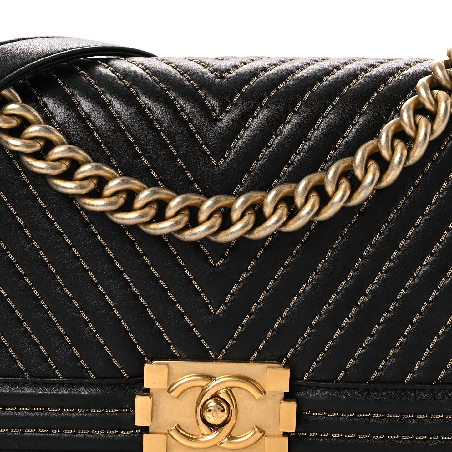 Lambskin Chevron Chain Stitched Medium Boy Flap Black