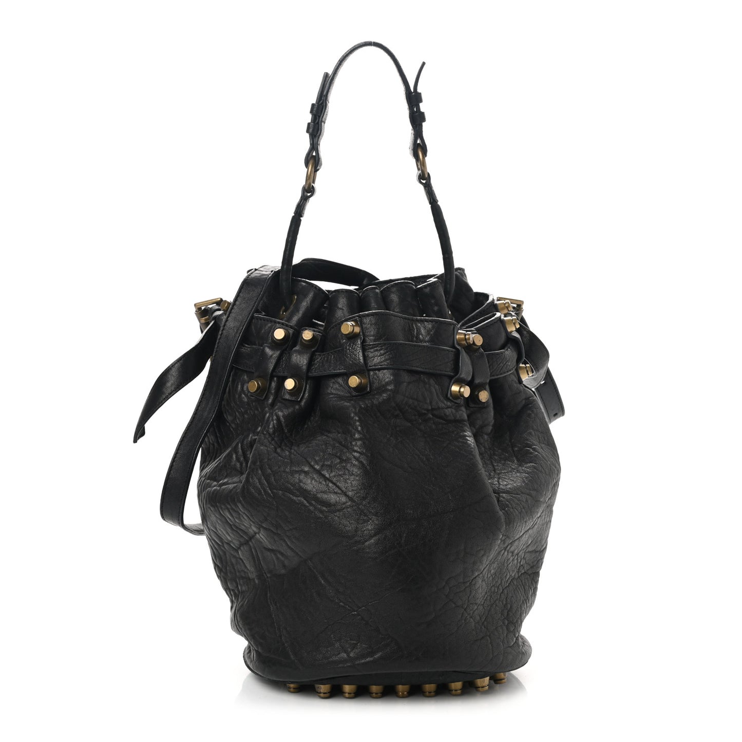 Pebbled Lambskin Diego Bucket Bag Black Antique Brass Hardware