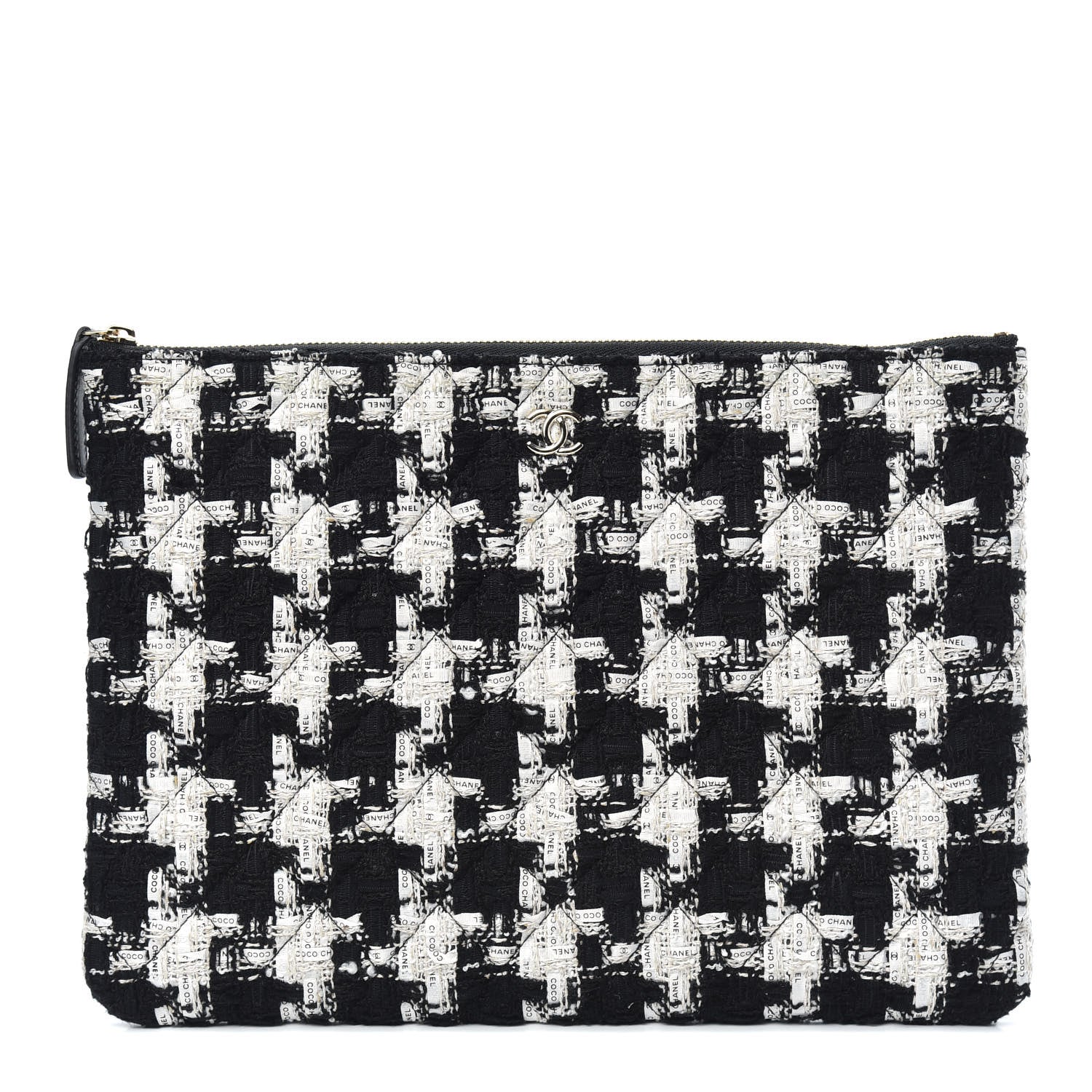 Chanel Tweed Quilted Medium Cosmetic Pouch Black Ecru White 1 of 8