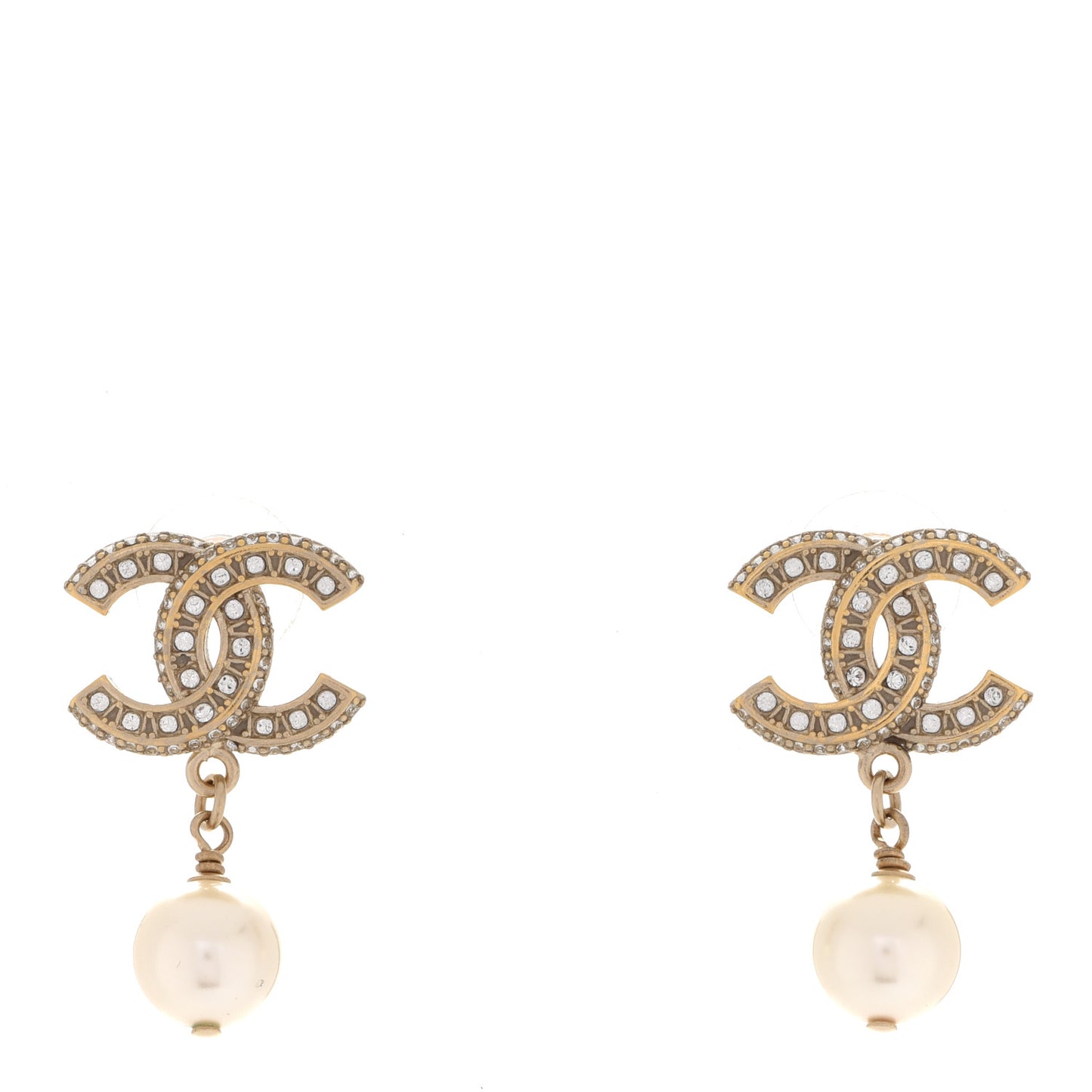 Crystal Pearl CC Drop Earrings Gold