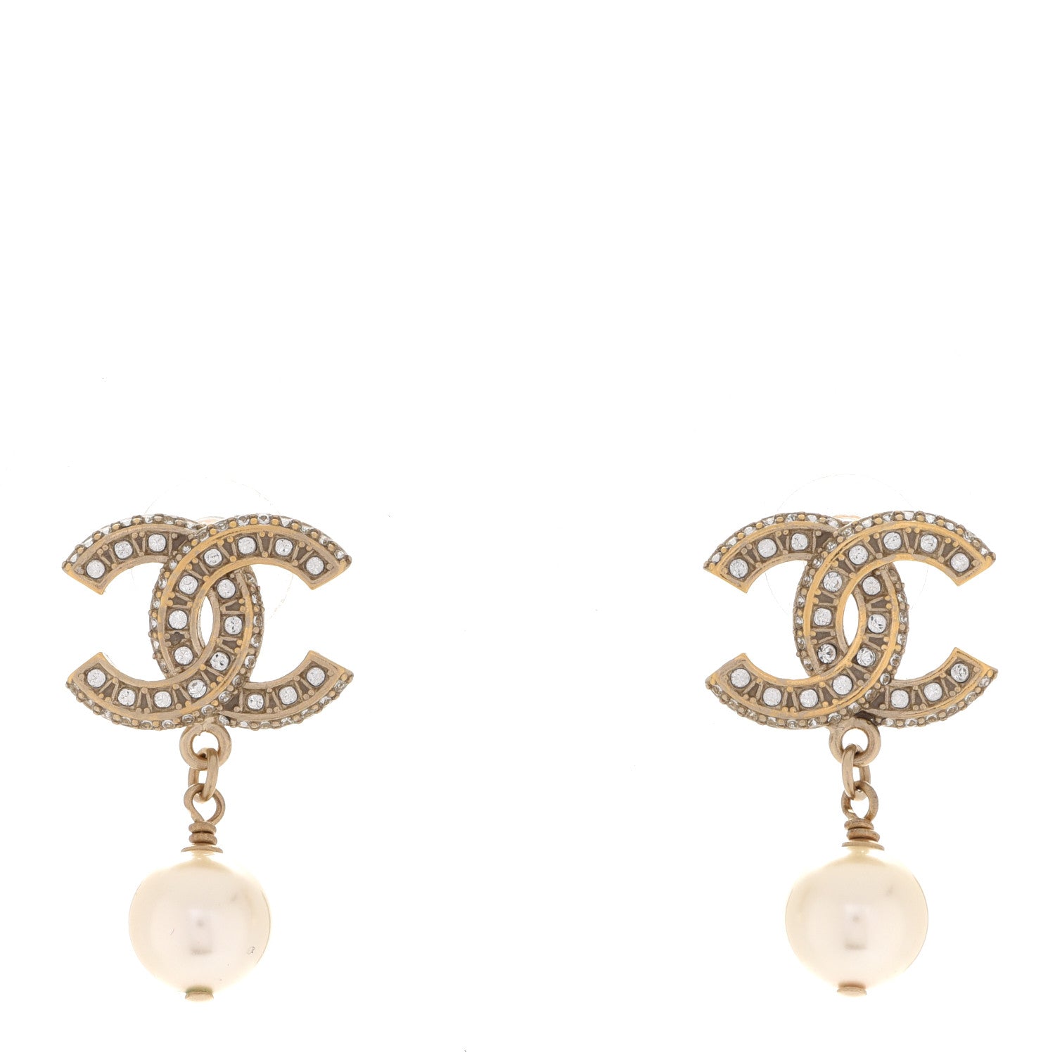 Chanel Crystal Pearl CC Drop Earrings Gold 1 of 5