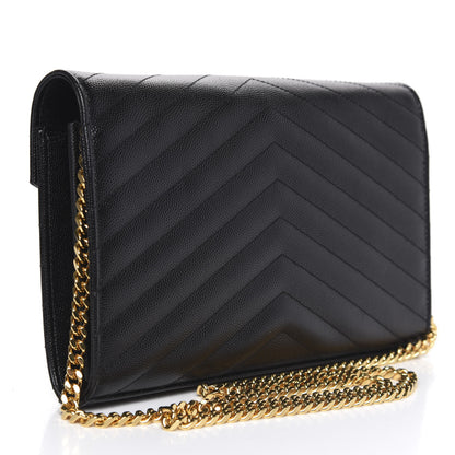 Saint Laurent Grain De Poudre Matelasse Chevron Monogram Chain Wallet Black 3 of 9