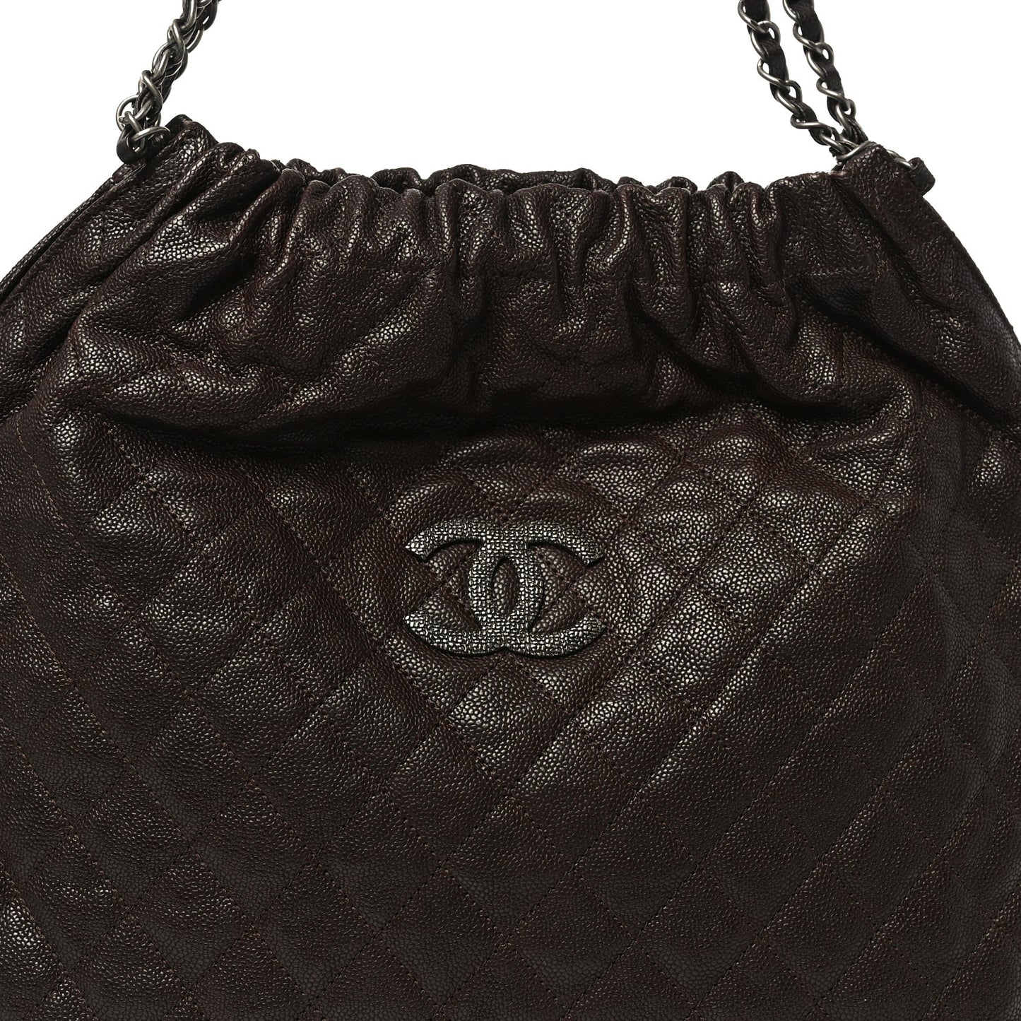Distressed Glazed Caviar Quilted Large Elastic Tote Dark Brown