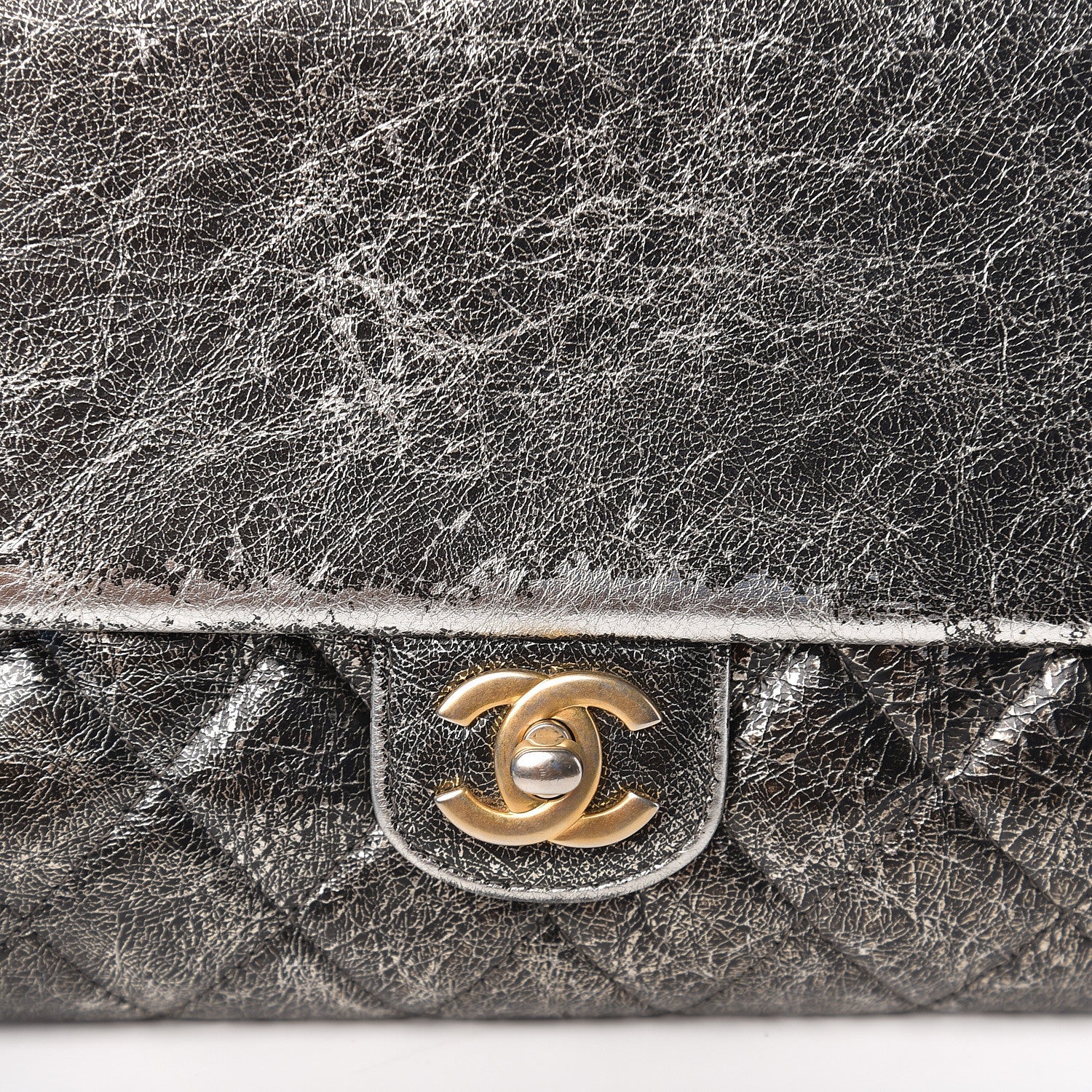 Chanel Cracked Metallic Calfskin Quilted Zip Away Chain Clutch Dark Silver 9 of 9