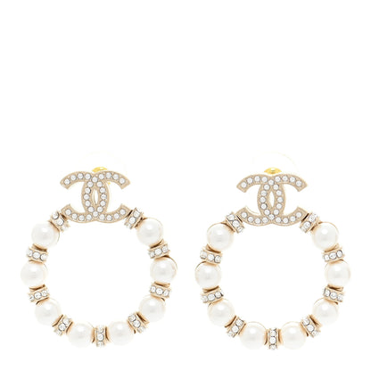 Chanel Pearl Crystal Nefertiti CC Drop Earrings Gold 1 of 6