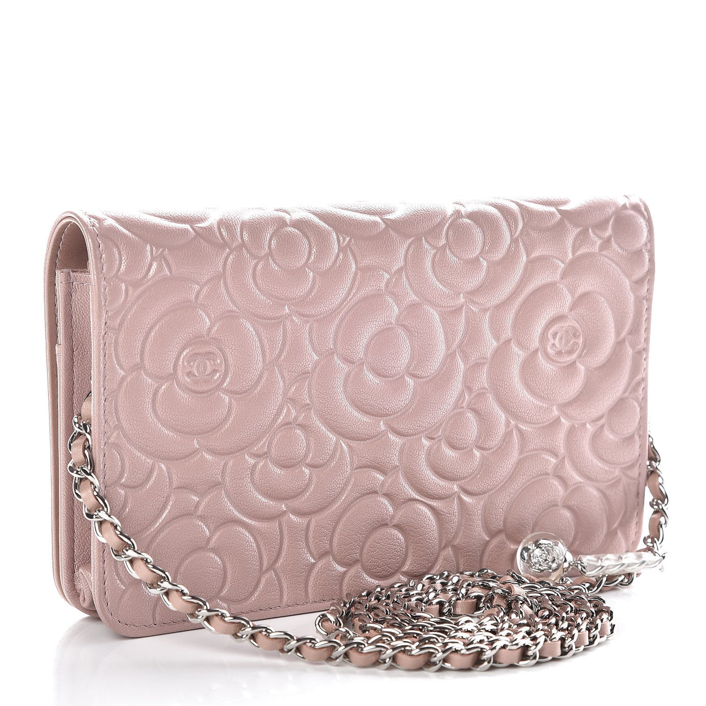 Goatskin Camellia Embossed Wallet On Chain WOC Light Pink