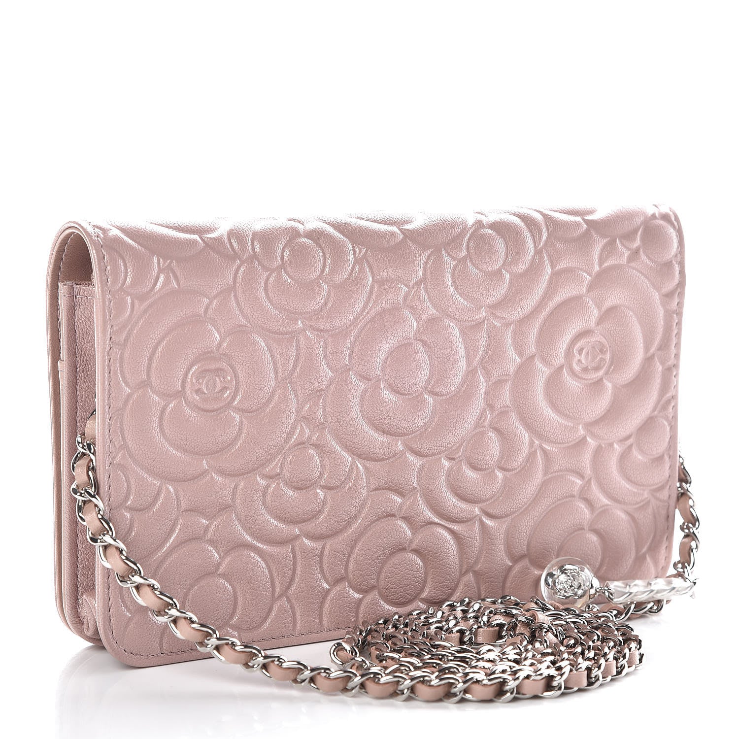 Chanel Goatskin Camellia Embossed Wallet On Chain WOC Light Pink 3 of 12