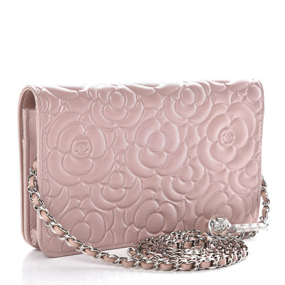 Chanel Goatskin Camellia Embossed Wallet On Chain WOC Light Pink 3 of 12