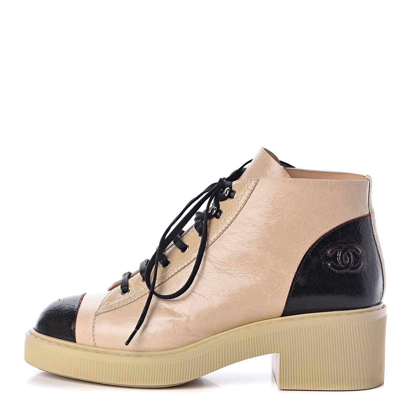 Crumpled Calfskin Lace Up Short Boots 38 Beige Black