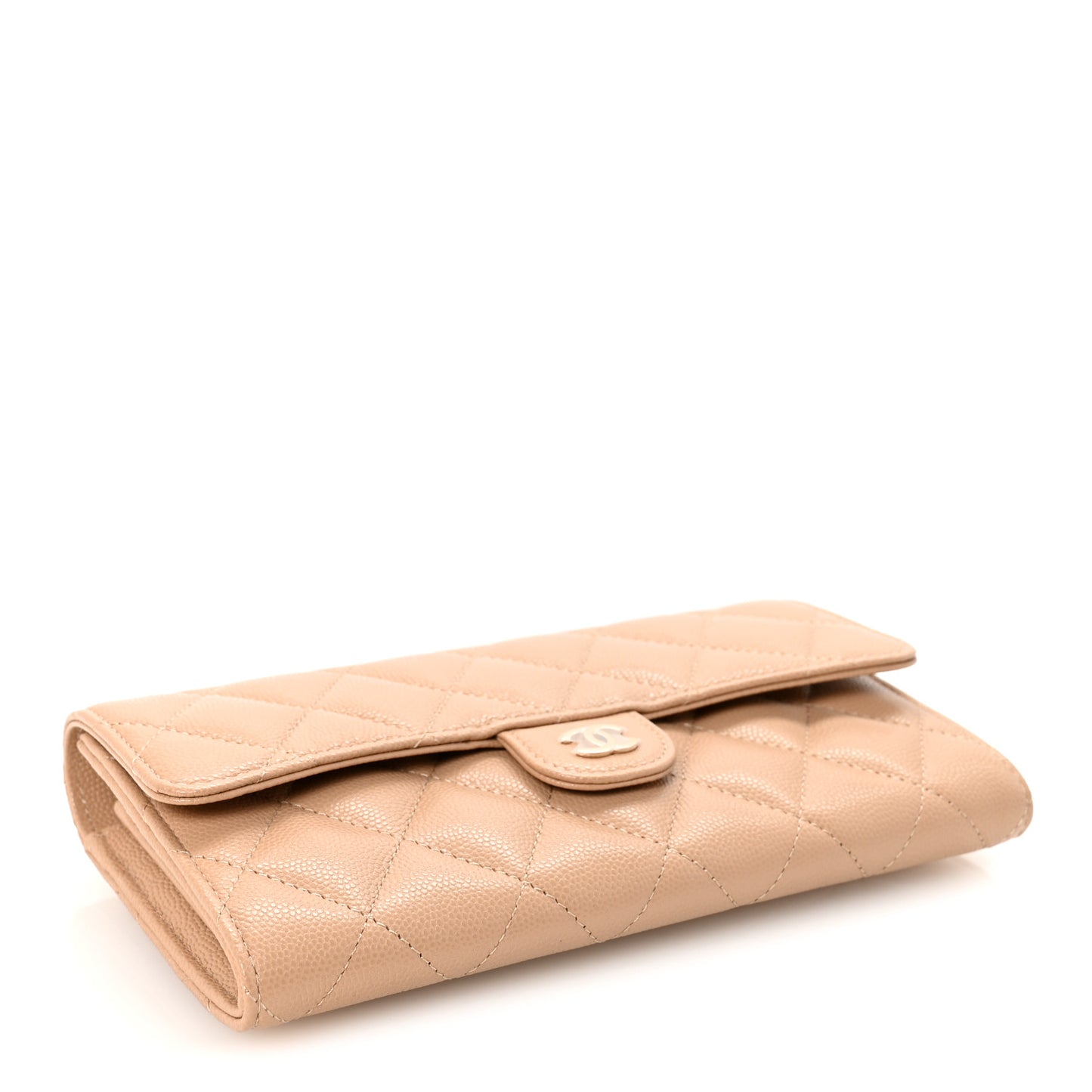 Caviar Quilted Large Gusset Flap Wallet Beige